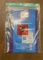 Testing kit showing matching barcodes on the vial and enclosed card