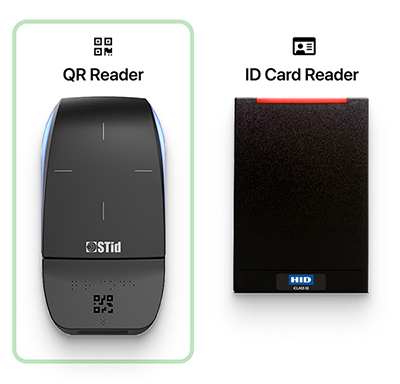 Comparison of QR reader (curved sides) to ID card reader (rectangular)