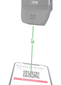 Illustration showing a phone displaying a QR code held 6 inches below a QR code reader.